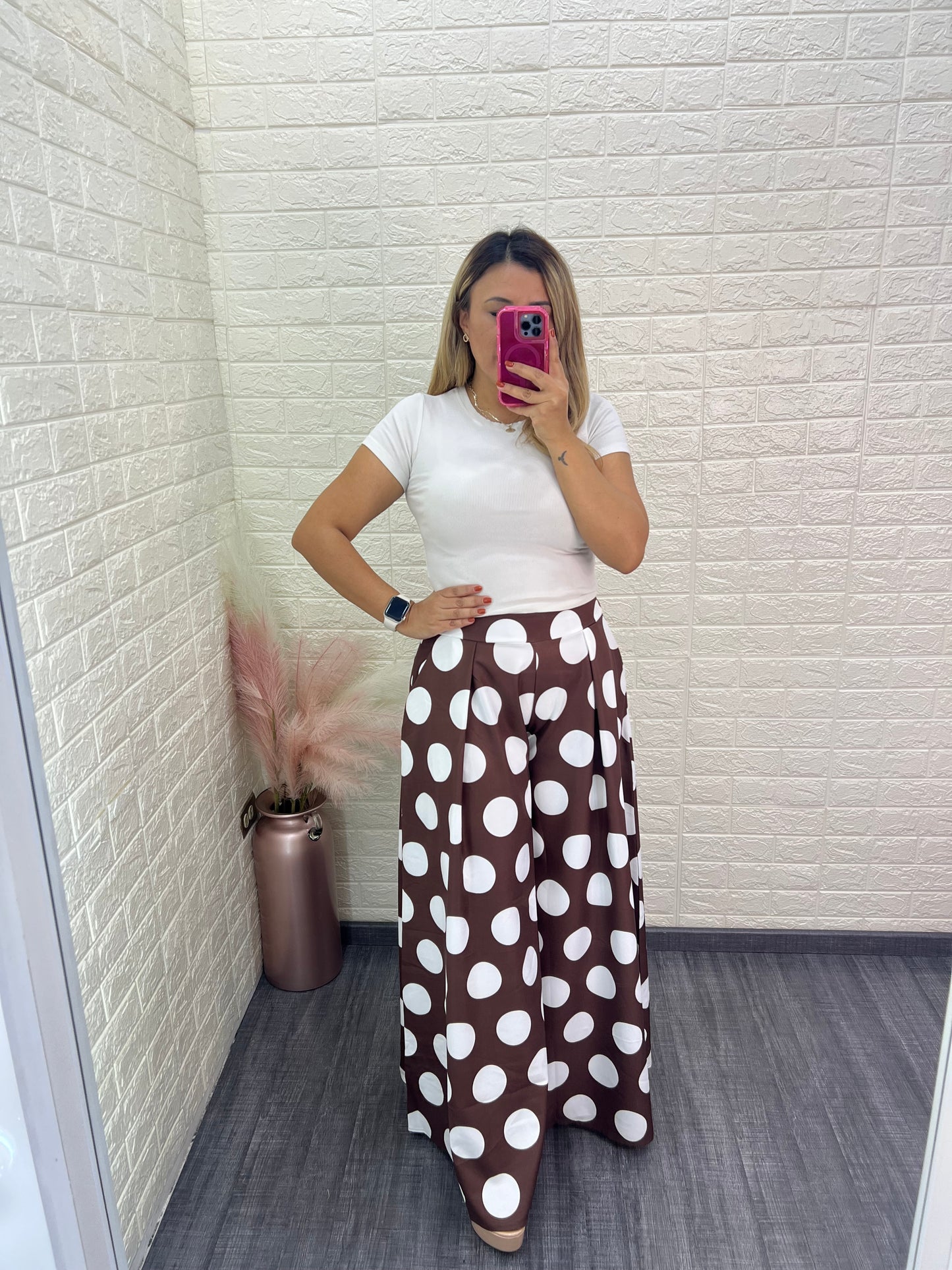 Maxi Pantalón Café Estampado Lunares Blancos