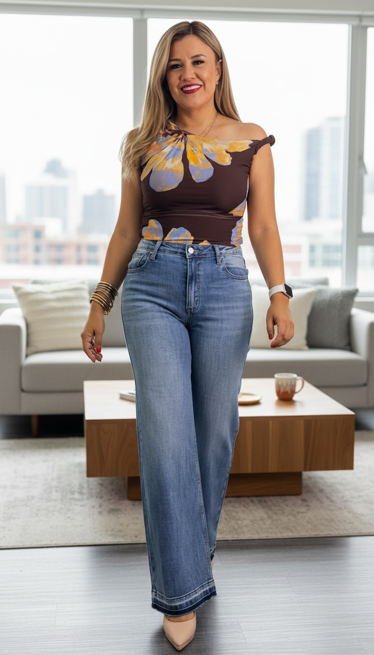 Blusa Café de Mesh con Estampado de Flores