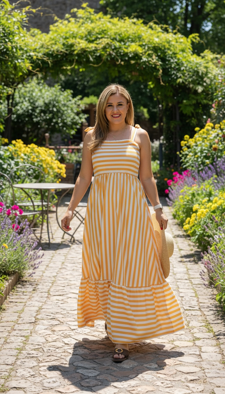 Vestido de Tirantes Estampado Rayas Amarillas y Blancas