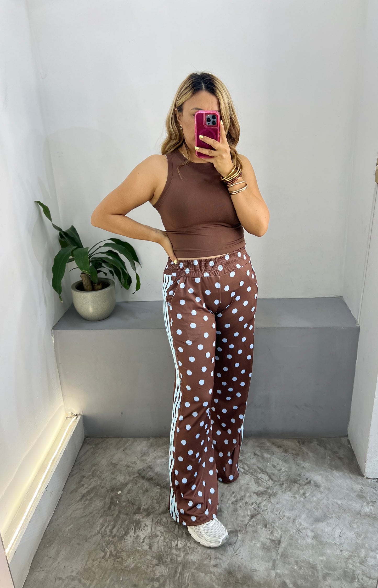 Pants Café con Estampado Polka Dots Celeste y Rayas Laterales