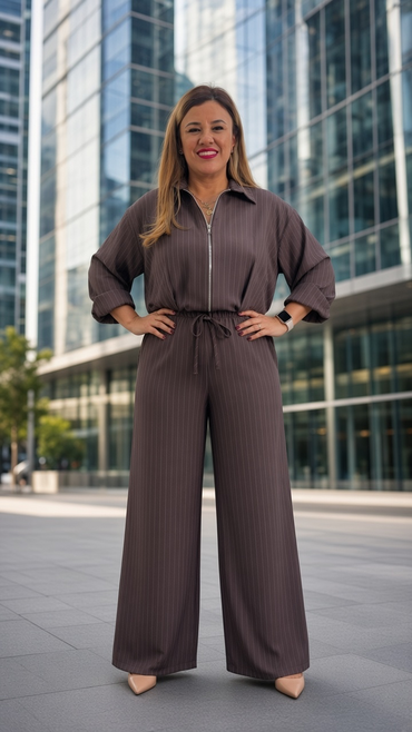 Conjunto de Chaquetín de Cierre y Pantalón de Cintura Elástica, Color Café con Estampado a Rayas