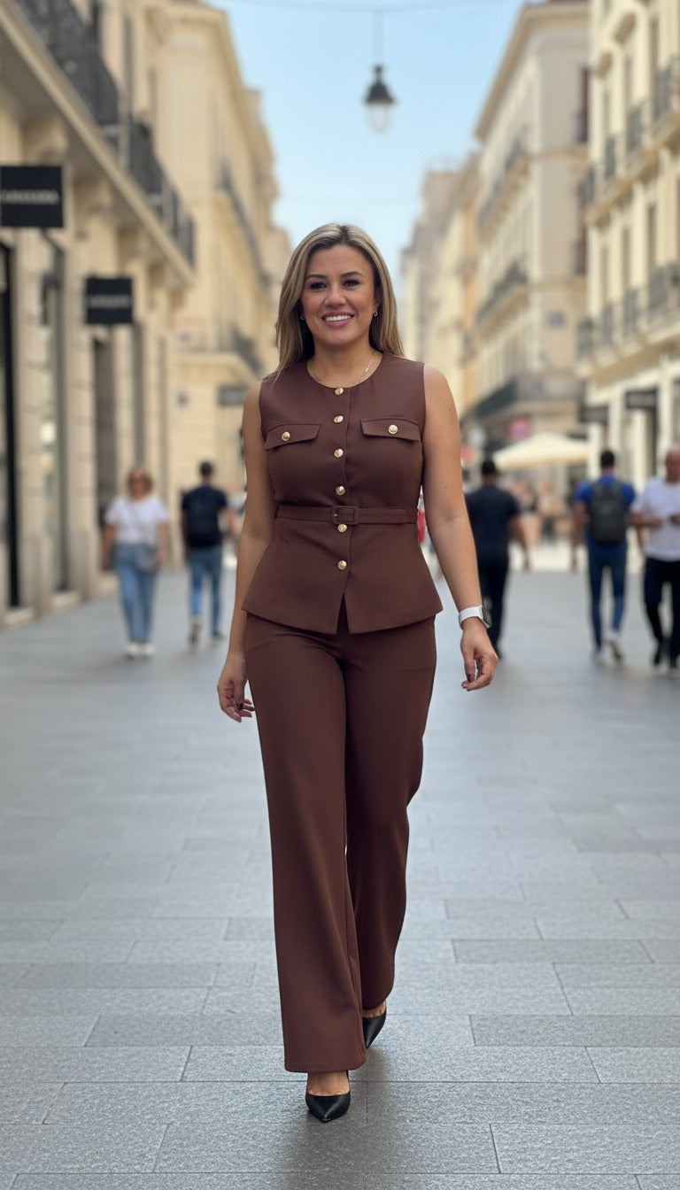 Conjunto Color Mocca de Chaleco y Pantalón Casual