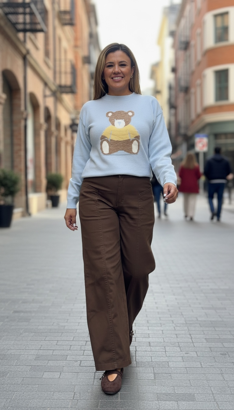 Suéter Sky Blue de Manga Larga Estampado de Oso