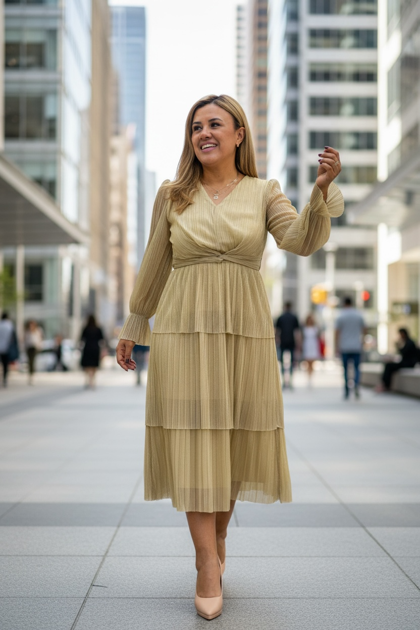 Vestido Color Dorado de Manga Larga con Brillos