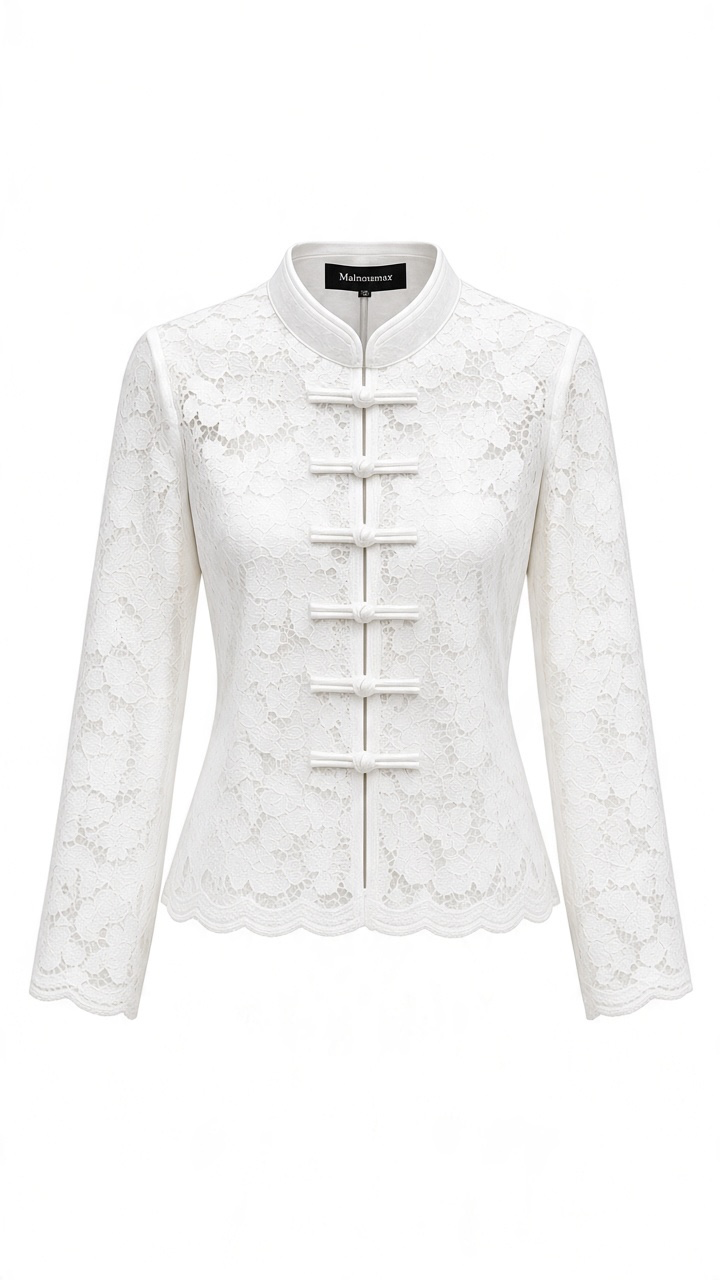 Blusa Blanca de Encaje de Manga Larga con Botones Orientales