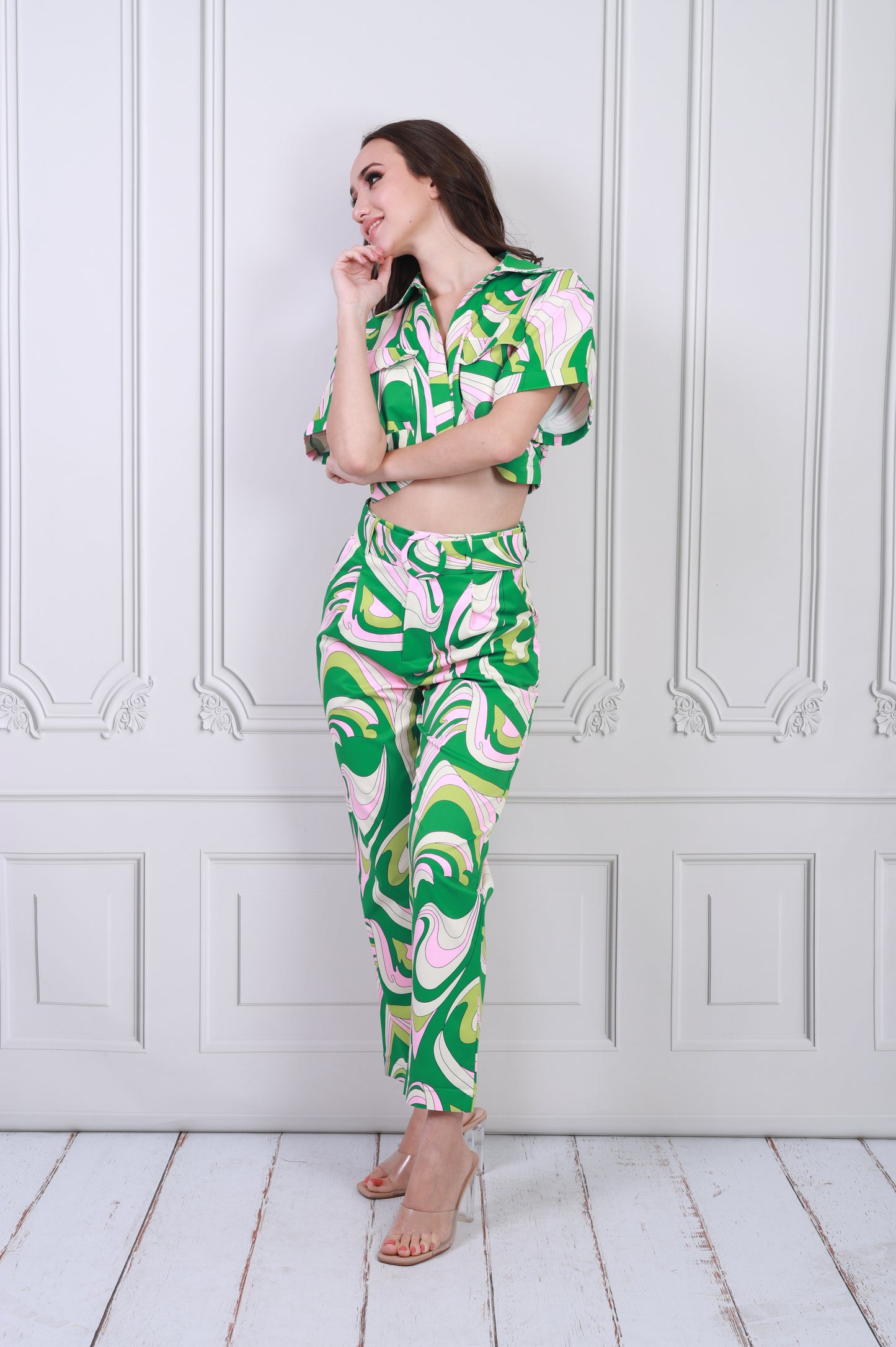 Set de Blusa y Pantalón Estampados Verde con Rosa