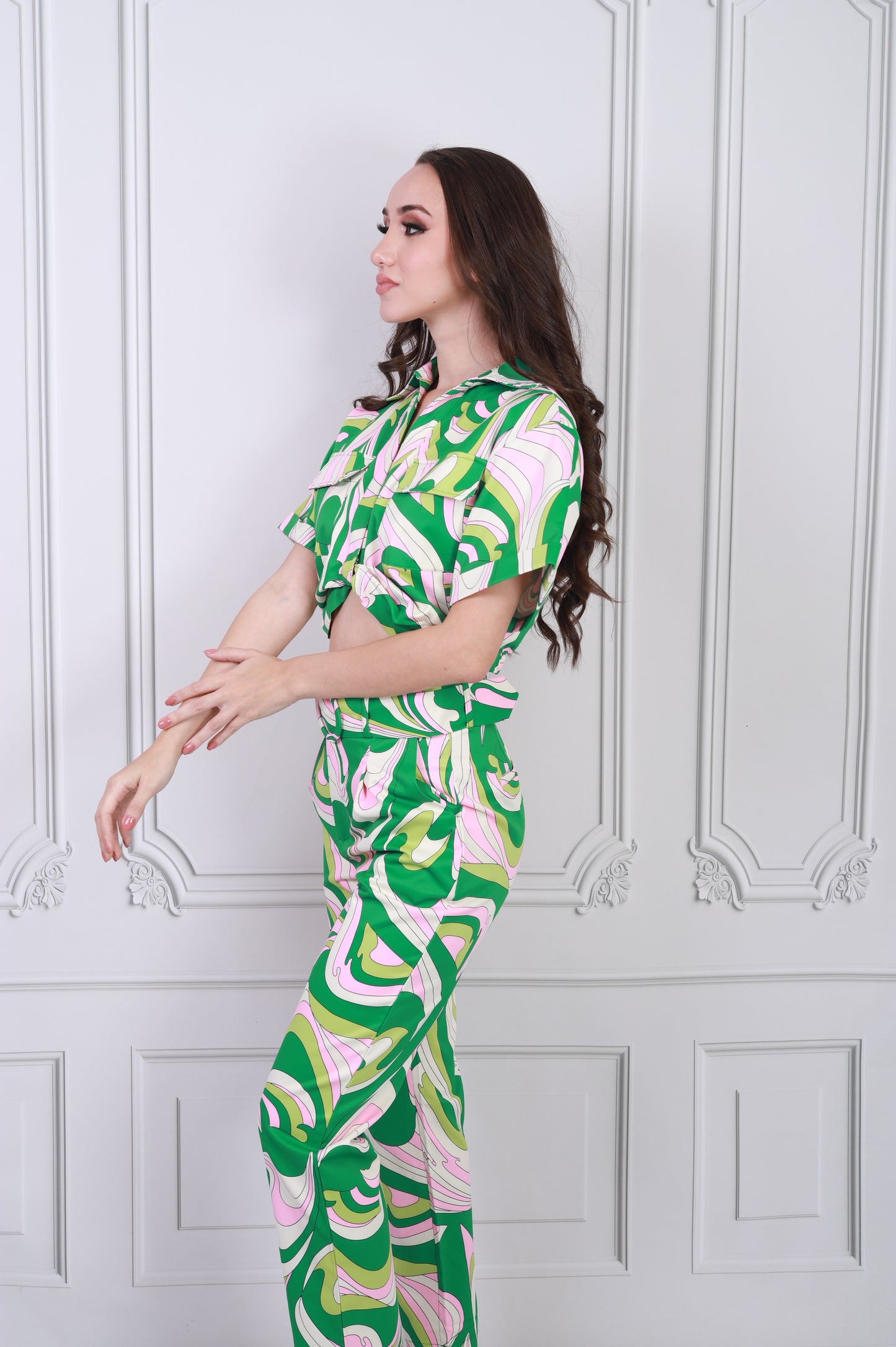 Set de Blusa y Pantalón Estampados Verde con Rosa