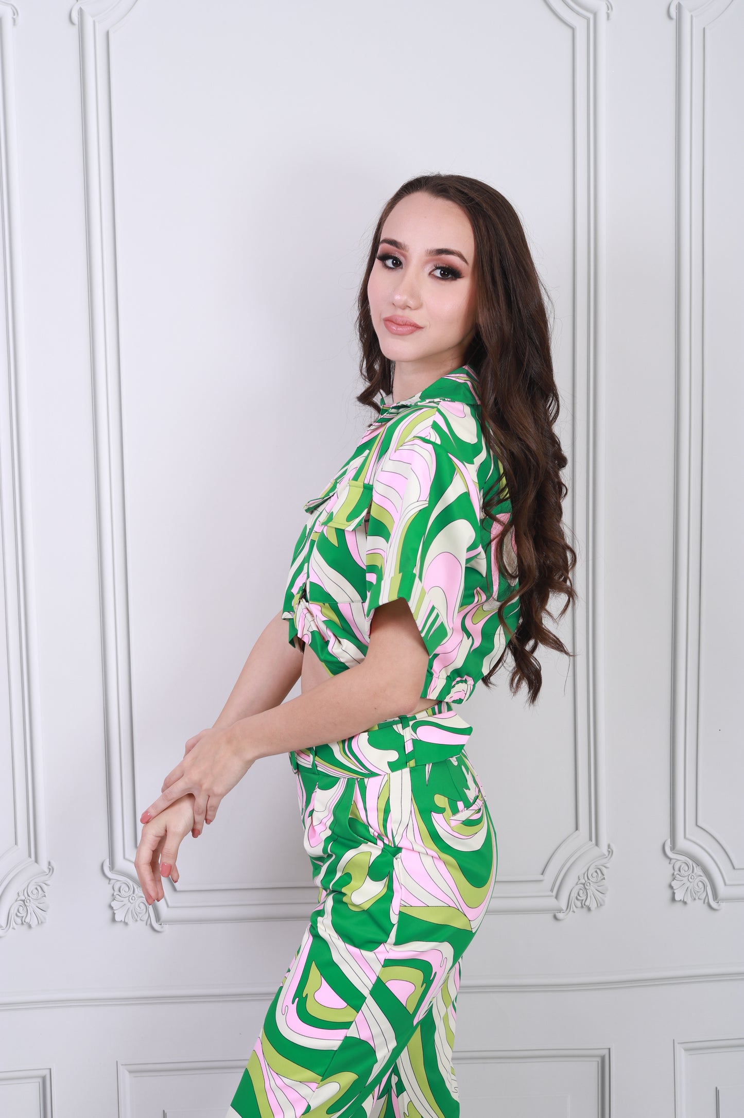 Set de Blusa y Pantalón Estampados Verde con Rosa
