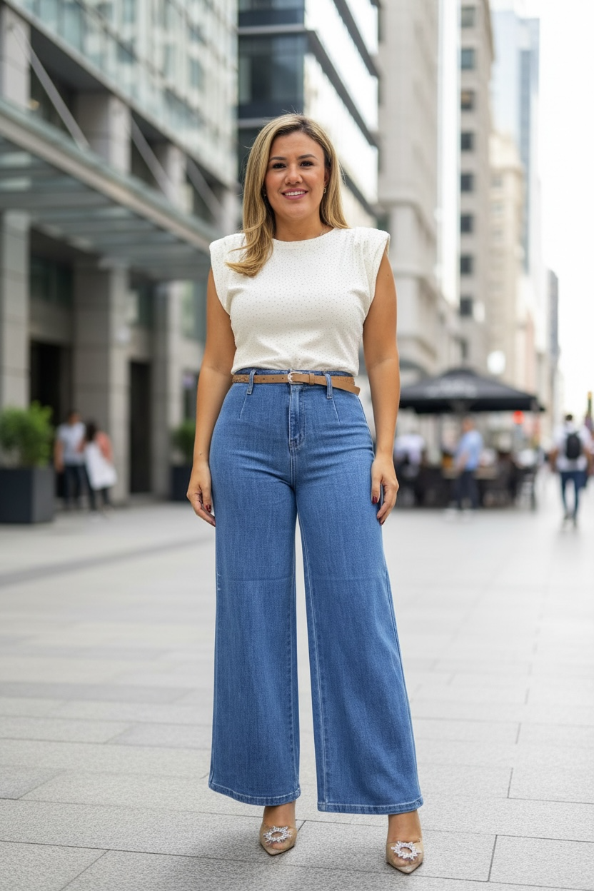 Jeans Corte High Rise Super Wide Trousers con Cinto Color Camel