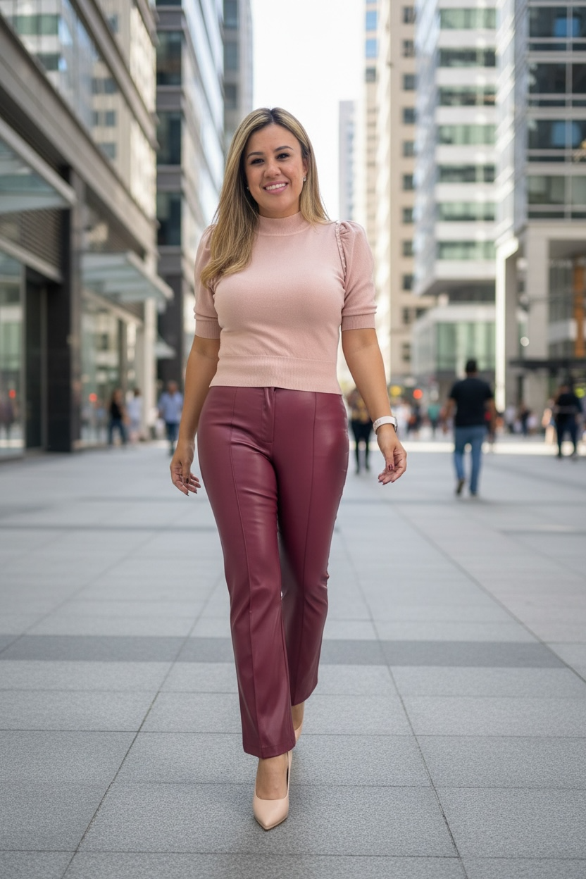 Blusa Suéter de Media Manga Color Rosa con Aplicaciones de Perlas