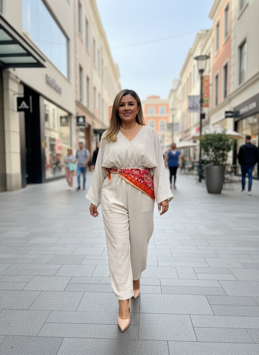 Jumpsuit de Manta Cuello V Color Beige con Pañoleta