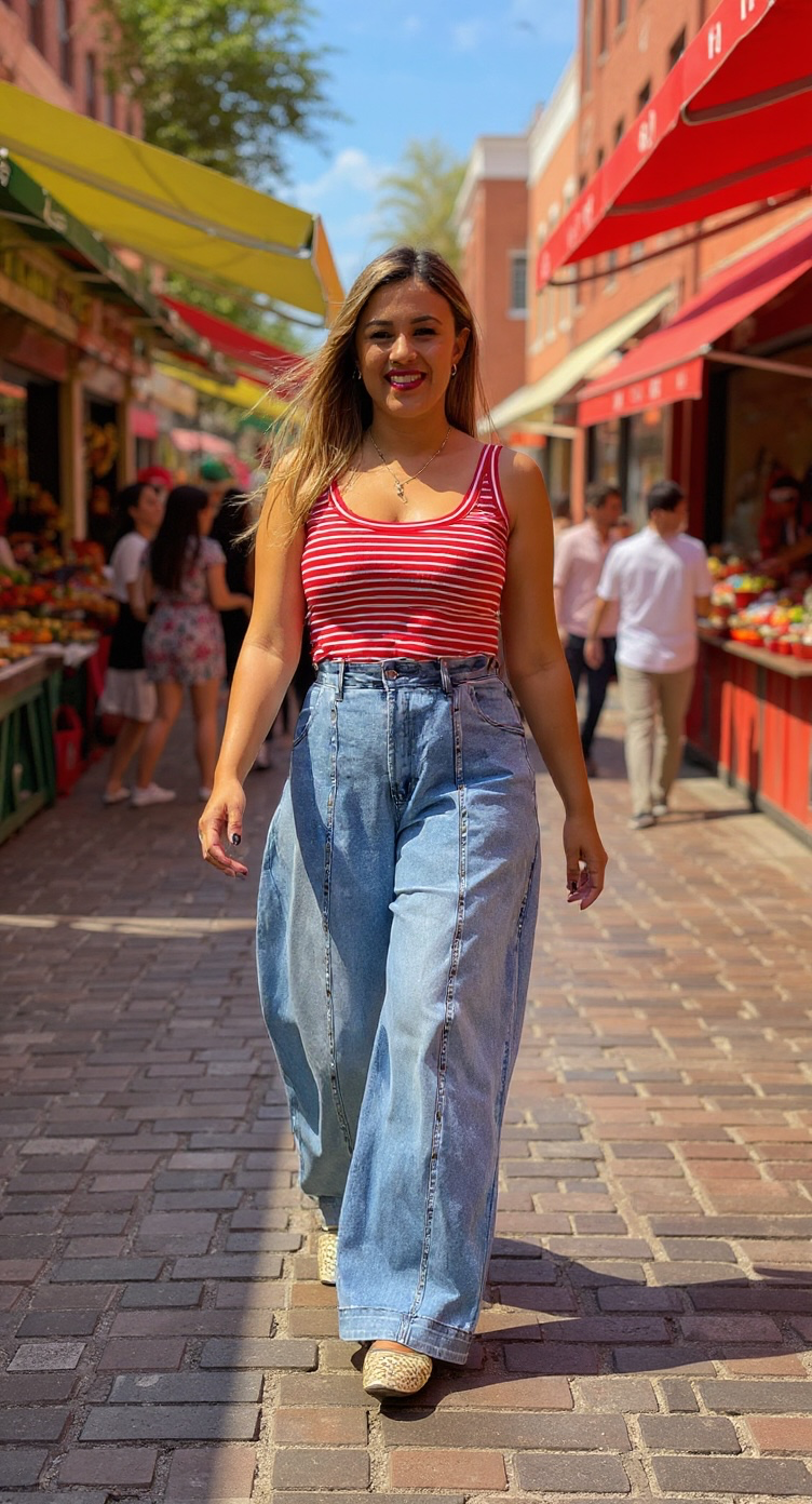 Panti Blusa de Tirantes Roja Estampada a Rayas Blancas