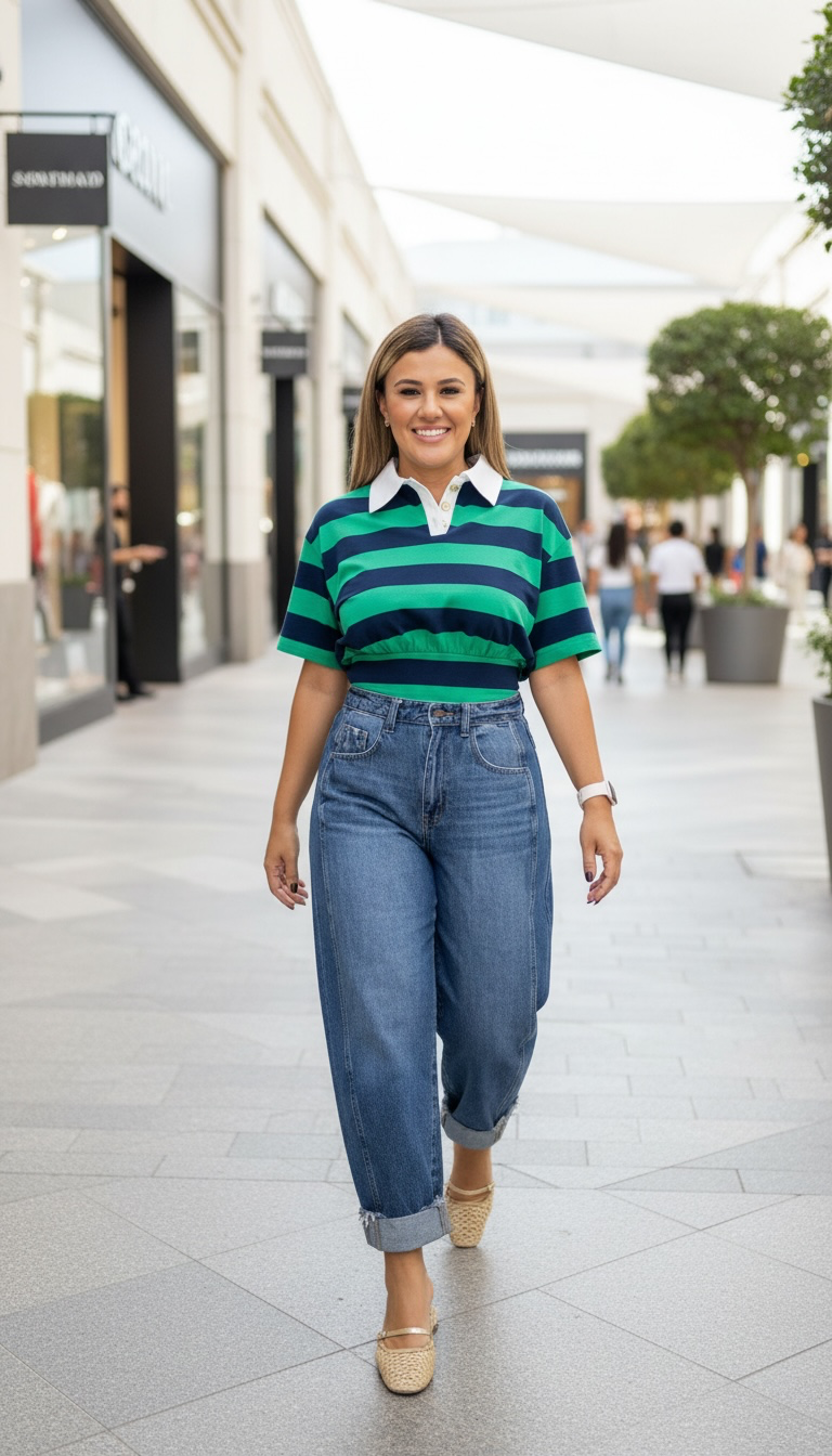 Blusa Estampado a Rayas Azul/Verde con Cuello Polo en Blanco