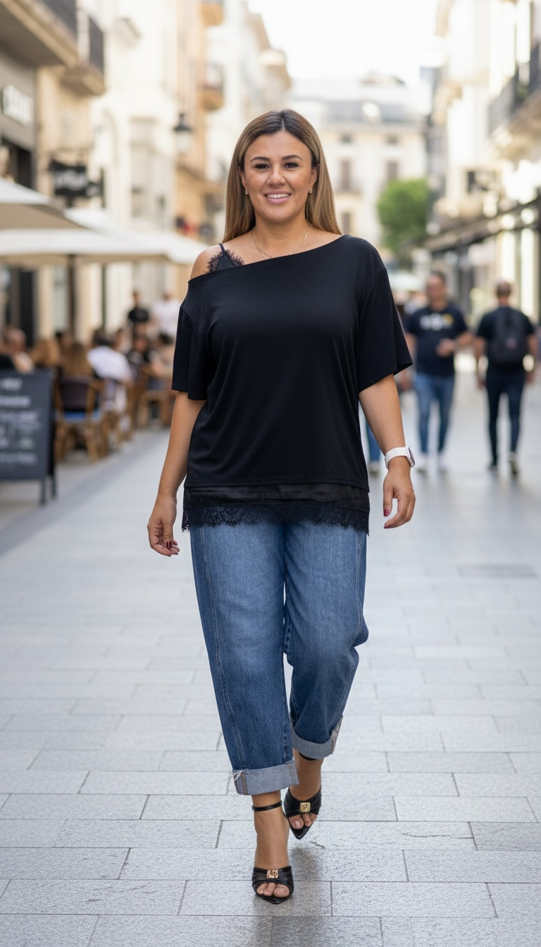 Blusa Negra A Los Hombros de Un Tirante con Aplicaciones Lenceras