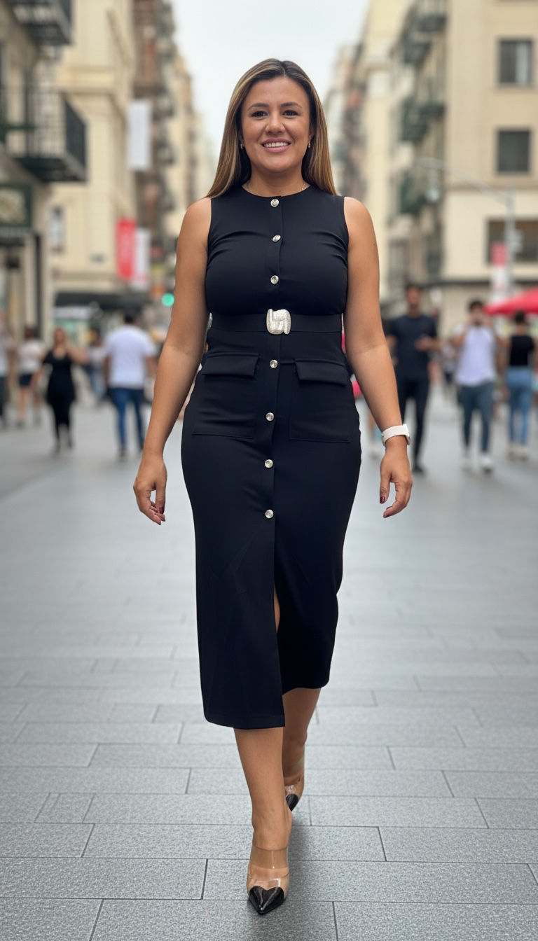 Vestido Negro Sin Mangas con Botones Y Hebilla Plateados Decorativos