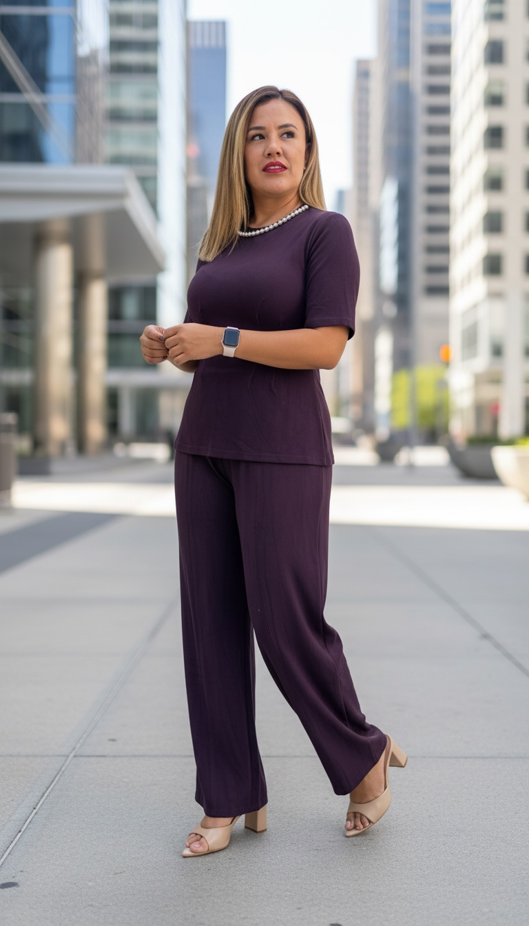 Conjunto de Velvet Color Uva de Blusa con Perlas y Pants