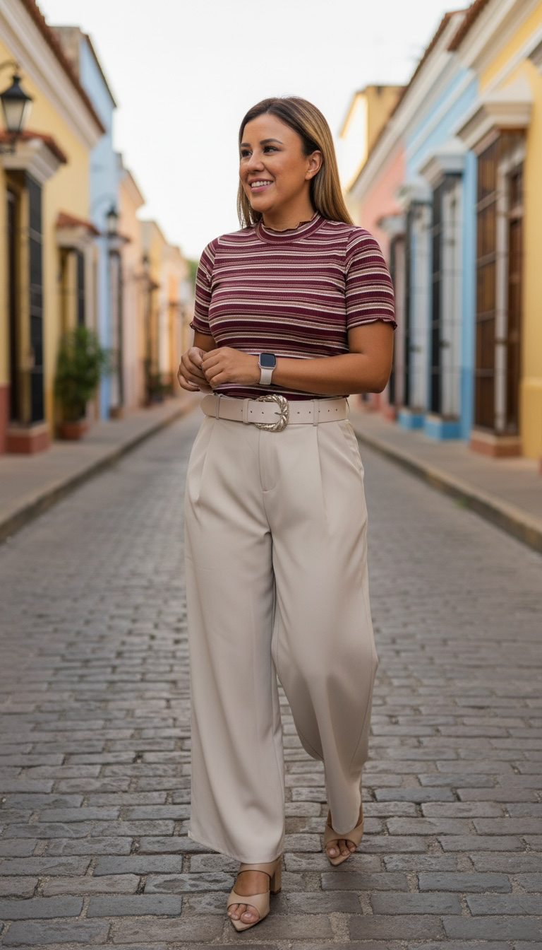 Blusa Estampada a Rayas Blanco/Guindo/Beige