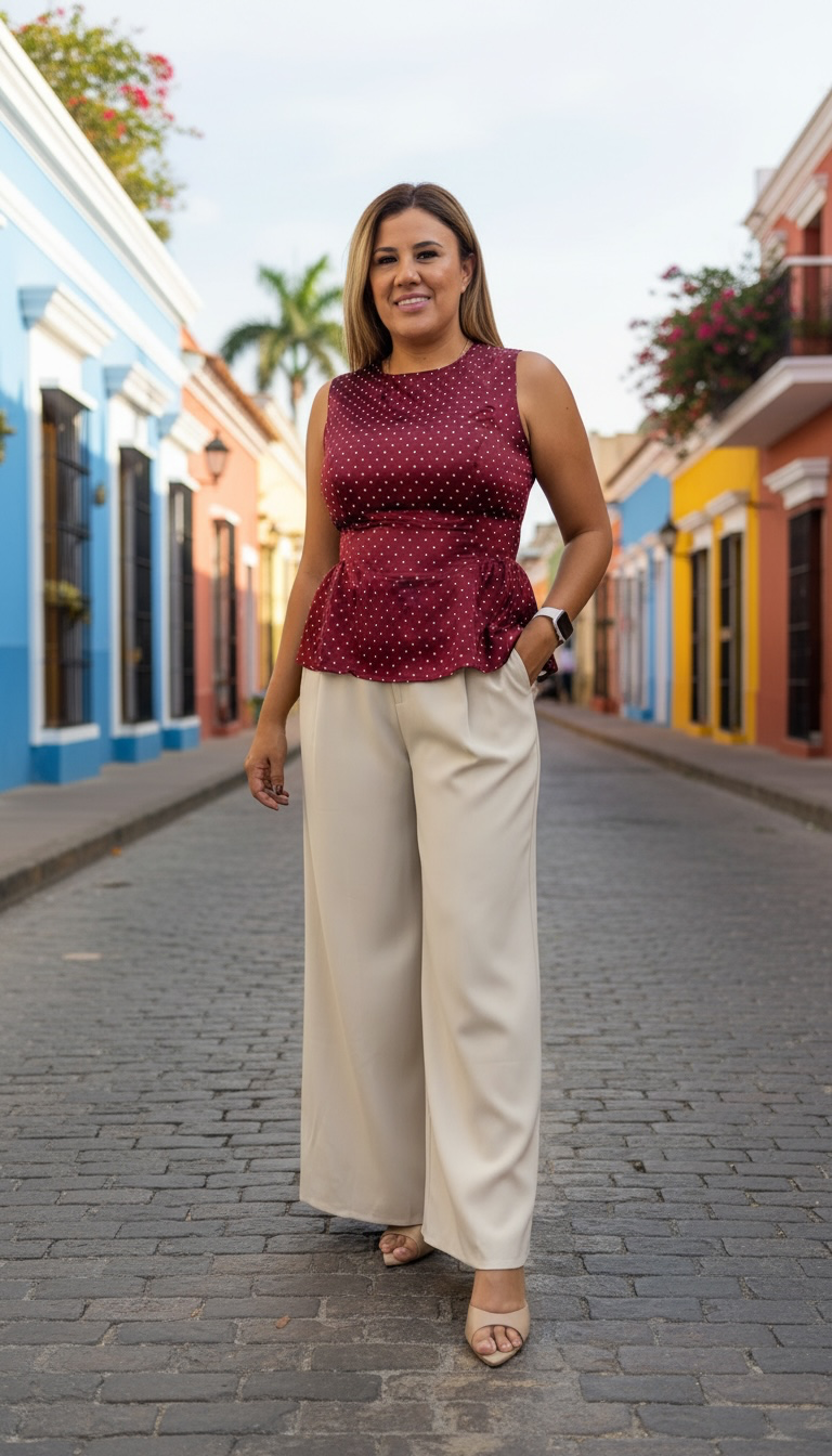 Blusa Guinda Sin Mangas con Estampado de Lunares Blancos