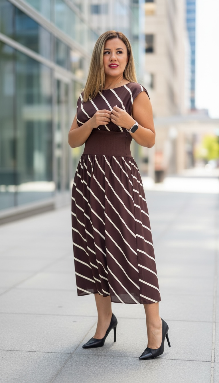 Vestido Café Sin Mangas con Estampado de Rayas Beige en Diagonal