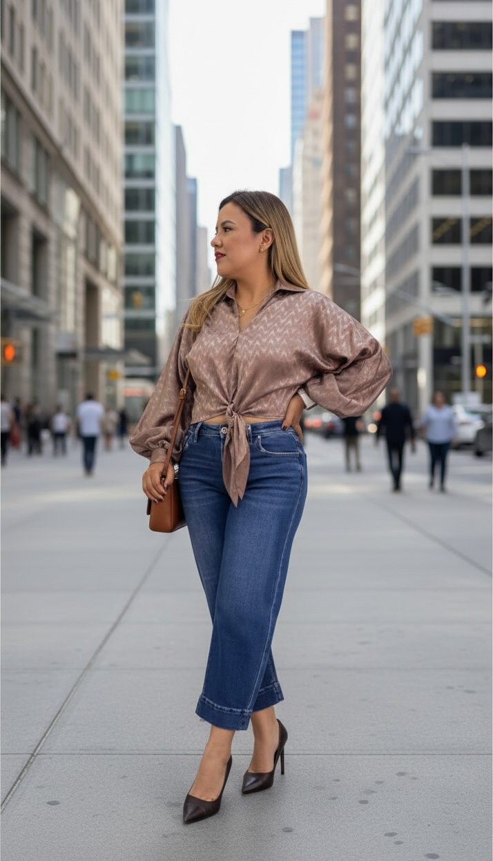 Blusa Satinada Color Mocca de Manga Larga