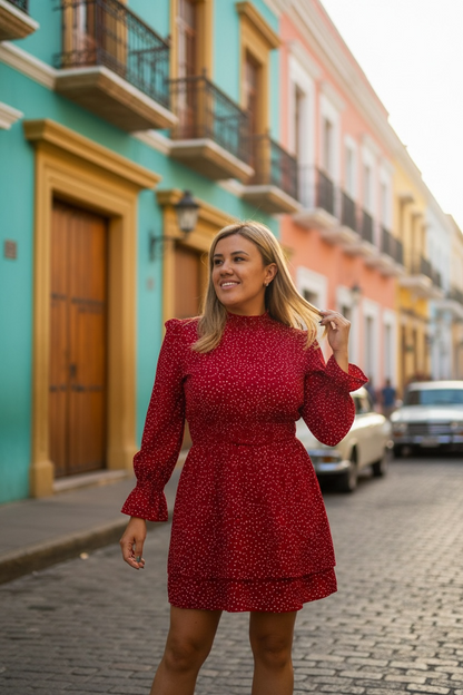 Vesttido Rojo de Manga Larga con Estampado Lunares Blancos