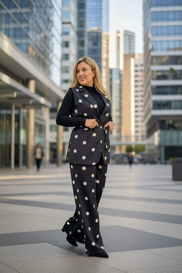 Conjunto Negro Estampado de Lunares Beige