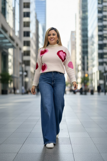 Suéter Ivory con Corazones Rojos con Rosa