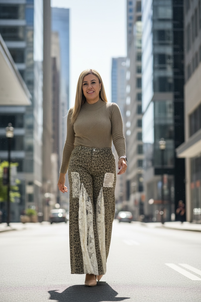 Pantalón Estampado Animal Print con Encaje