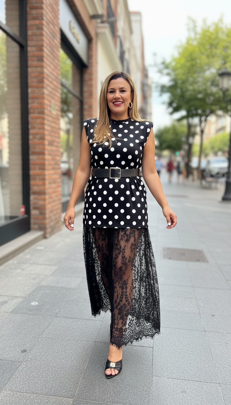 Vestido Negro Estampado Polka Dots con Cinto