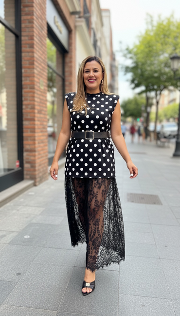 Vestido Negro Estampado Polka Dots con Cinto