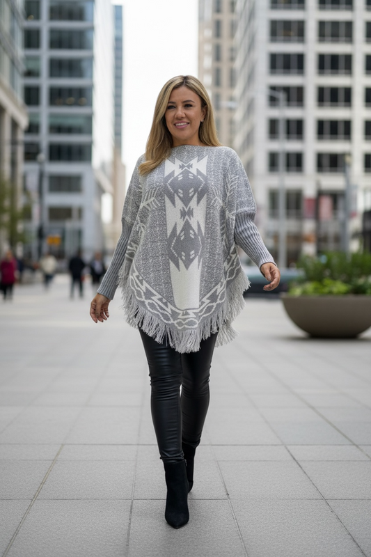 Suéter Gris Tipo Chal de Manga Larga Estampado con Barbas