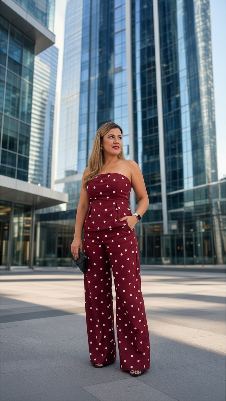 Conjunto Guindo de Mezclilla Polka Dots de Blusa Straple y Maxi Pantalón
