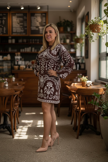 Vestido Suéter Largo Café Estampado