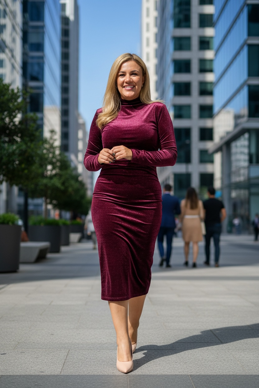 Vestido Guindo Metálico de Manga Larga Tela de Velvet