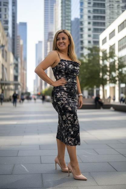 Vestido Negro Satinado Aterciopelado de Tirantes Estampado Floral