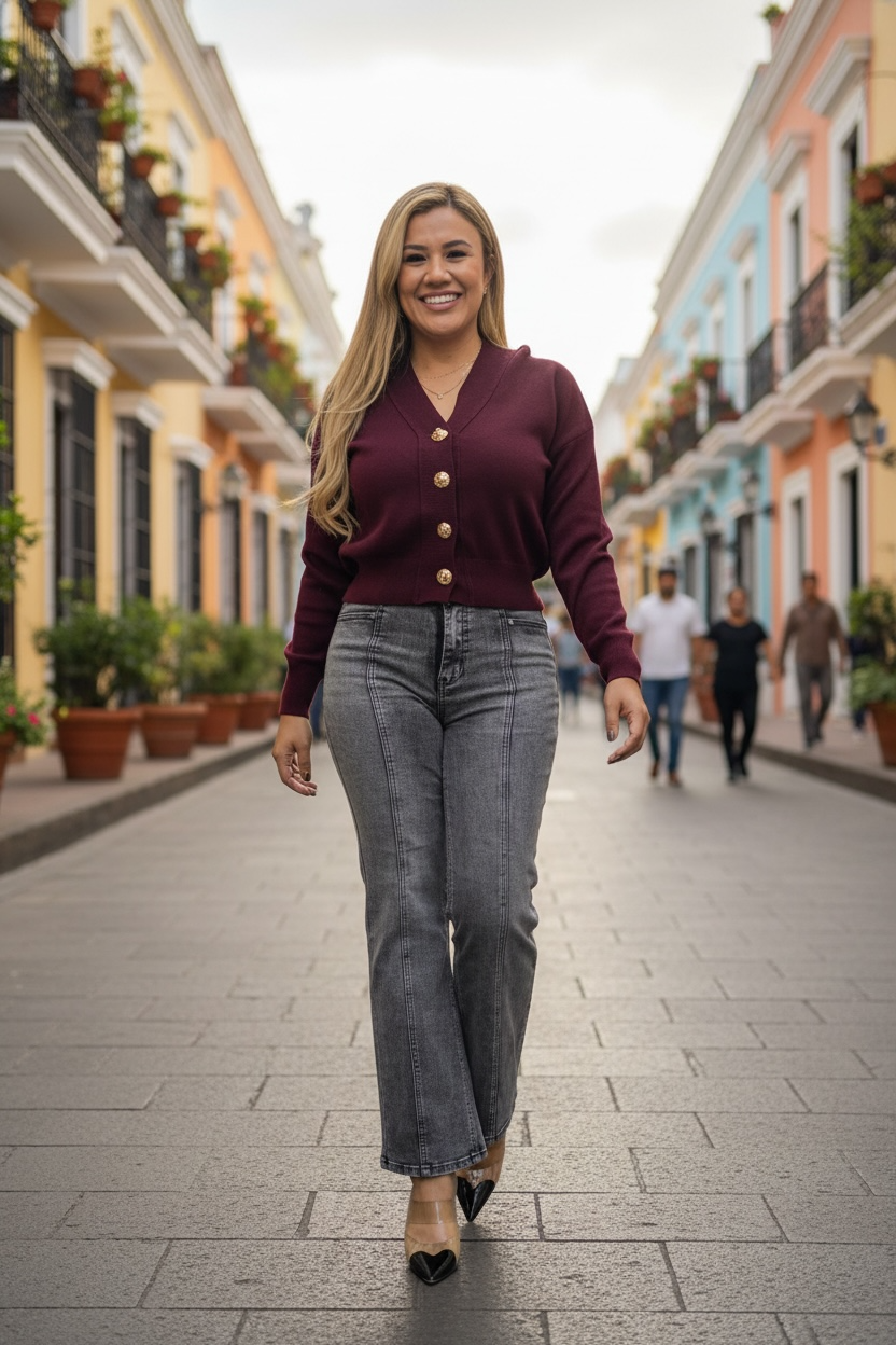 Suéter Guindo de Botones de Cuello V