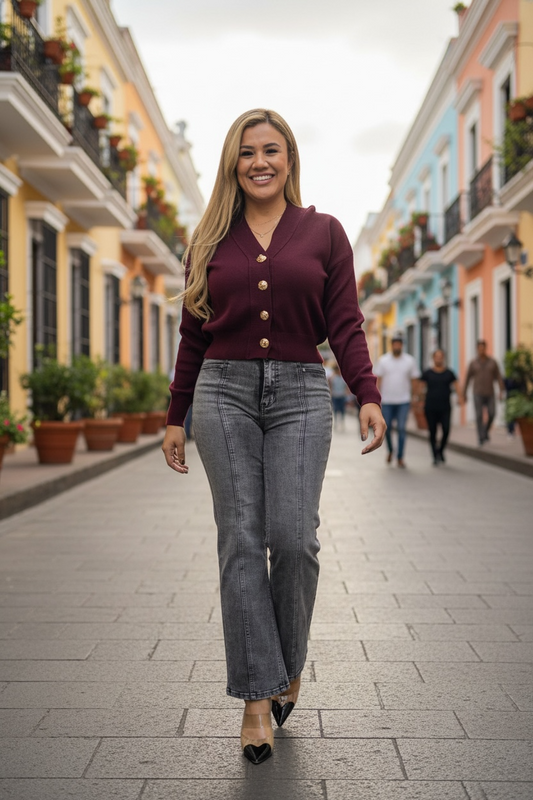 Suéter Guindo de Botones de Cuello V