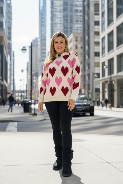 Suéter Ivory con Corazones Rosas y Rojos Tejidos