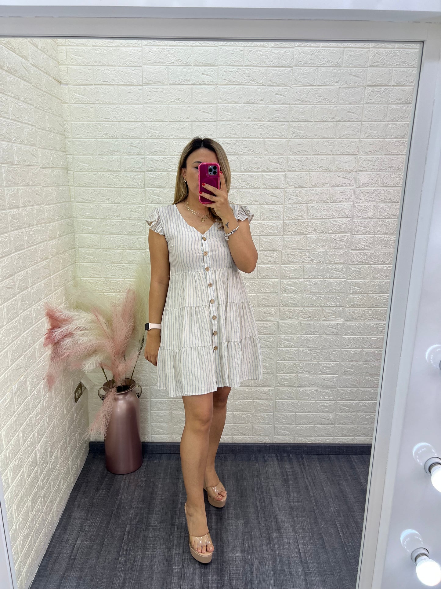 Vestido de Cuello V de Botones Estampado a Rayas Beige/ Gris
