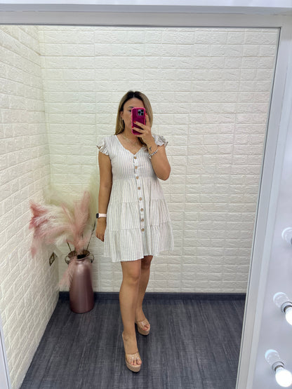 Vestido de Cuello V de Botones Estampado a Rayas Beige/ Gris