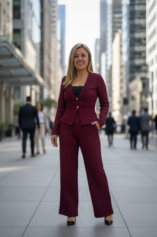 Conjunto Color Guindo Cuello V Manga Larga con Pantalón