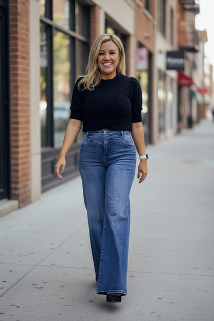 Blusa Suéter Negra Tejida de Media Manga