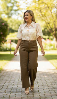 Blusa de Gasa Beige con Estampado de Rosas