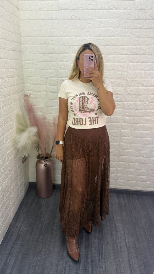 Falda de Encaje con Short Color Café