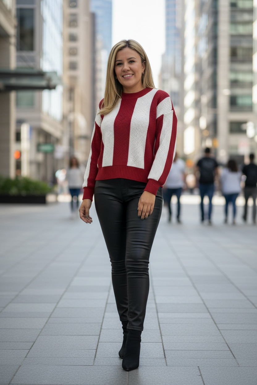 Suéter Tejido de Punto en Franjas Beige y Rojo