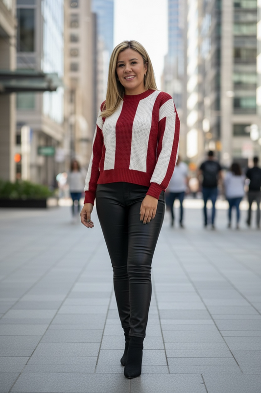 Suéter Tejido de Punto en Franjas Beige y Rojo