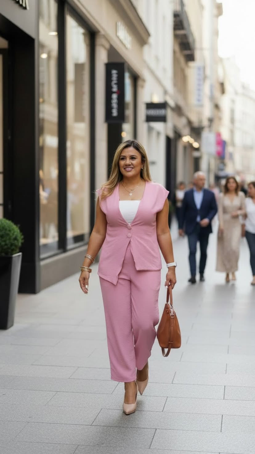 Conjunto Rosa de Pantalón Y Blusa Tipo Chaleco