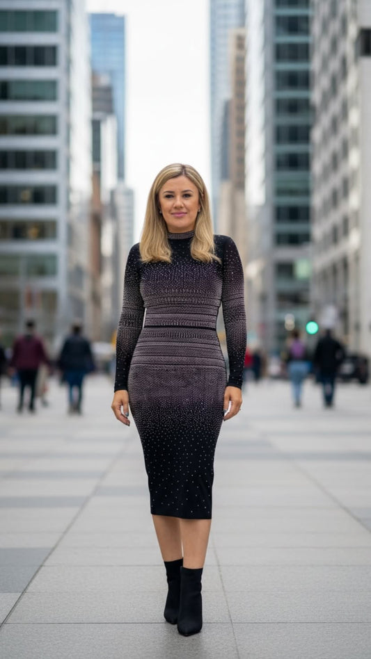 Conjunto de Blusa y Falda Negros con Brillos en Plata