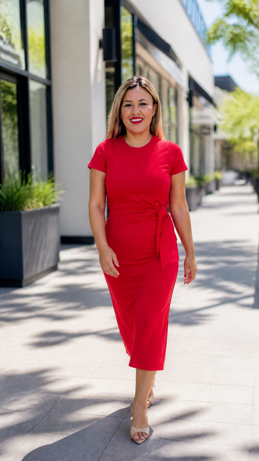 Vestido Rojo Manga Corta con Plisado y Nudo a un Lado