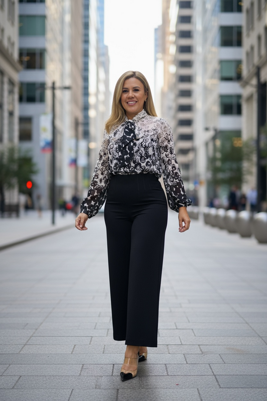 Blusa de Gasa Manga Larga Estampado Rosas Blanco con Negro